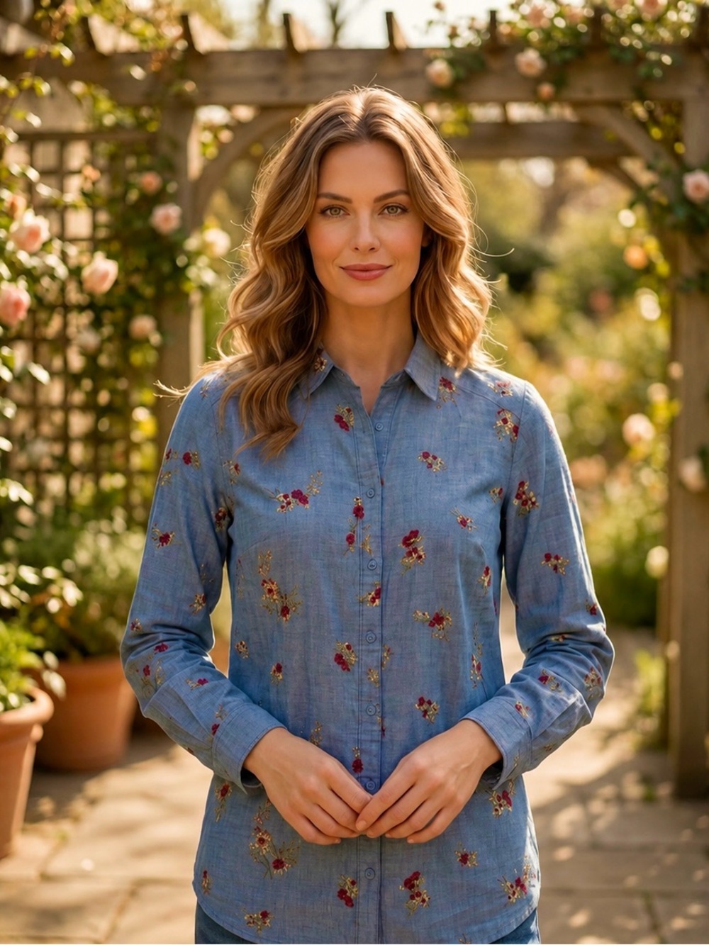 Como Vintage Indigo Flower Button Down Top Size Medium